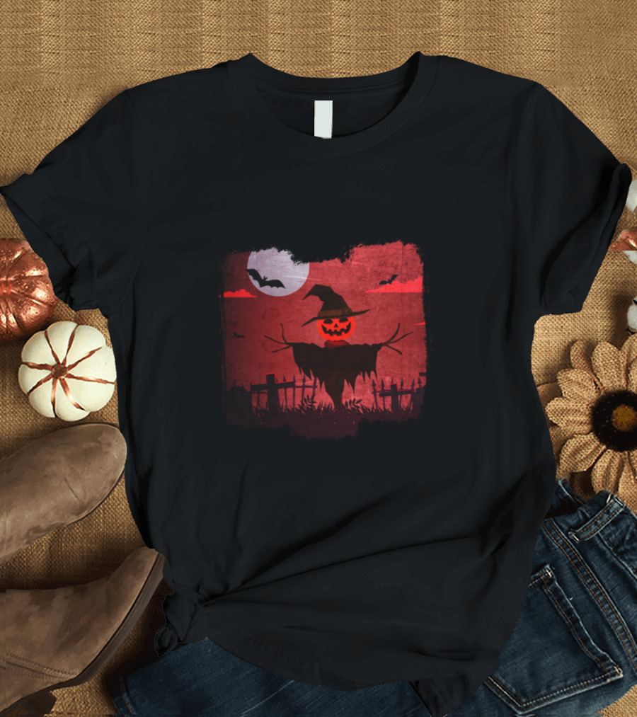 Halloween Scarecrow Pumpkin with Full Moon and Bats T-Shirt