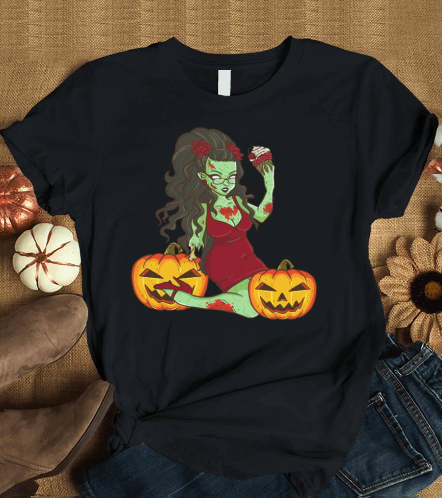 Funny Halloween Zombie Girl with Cupcake and Jack-o'-Lantern Pumpkins T-Shirt