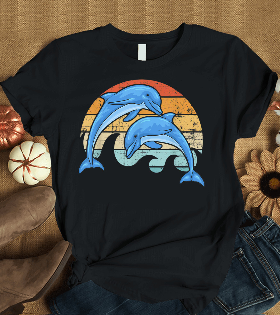 Vintage Sunset Striped Dolphin Pair T-Shirt