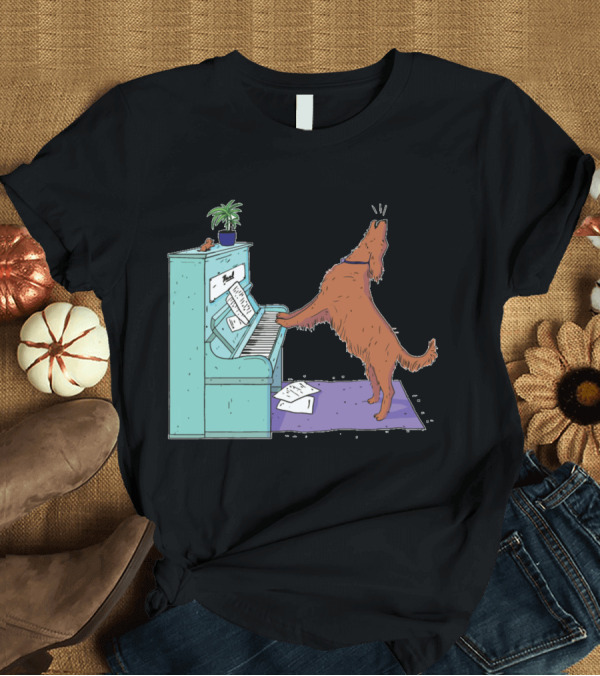 T-Shirt: Singing Dog Playing Piano with Sheet Music and Plant T-Shirt Singing Dog Playing Piano with Sheet Music and Plant T-Shirt