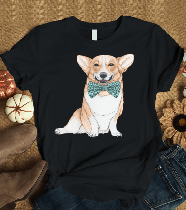 T-Shirt: Smiling Corgi Dog with Green Plaid Bow Tie T-Shirt Smiling Corgi Dog with Green Plaid Bow Tie T-Shirt