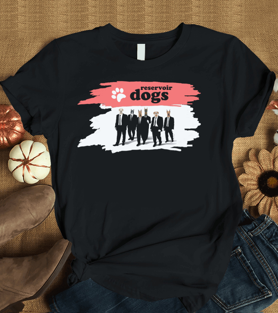 Reservoir Dogs Parody with Dog-Head Suited Figures and Paw Prints T-Shirt