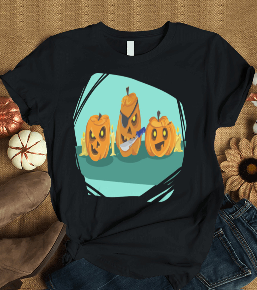 Pumpkin Halloween Knife Candle Creepy Jack-O'-Lantern Trio T-Shirt