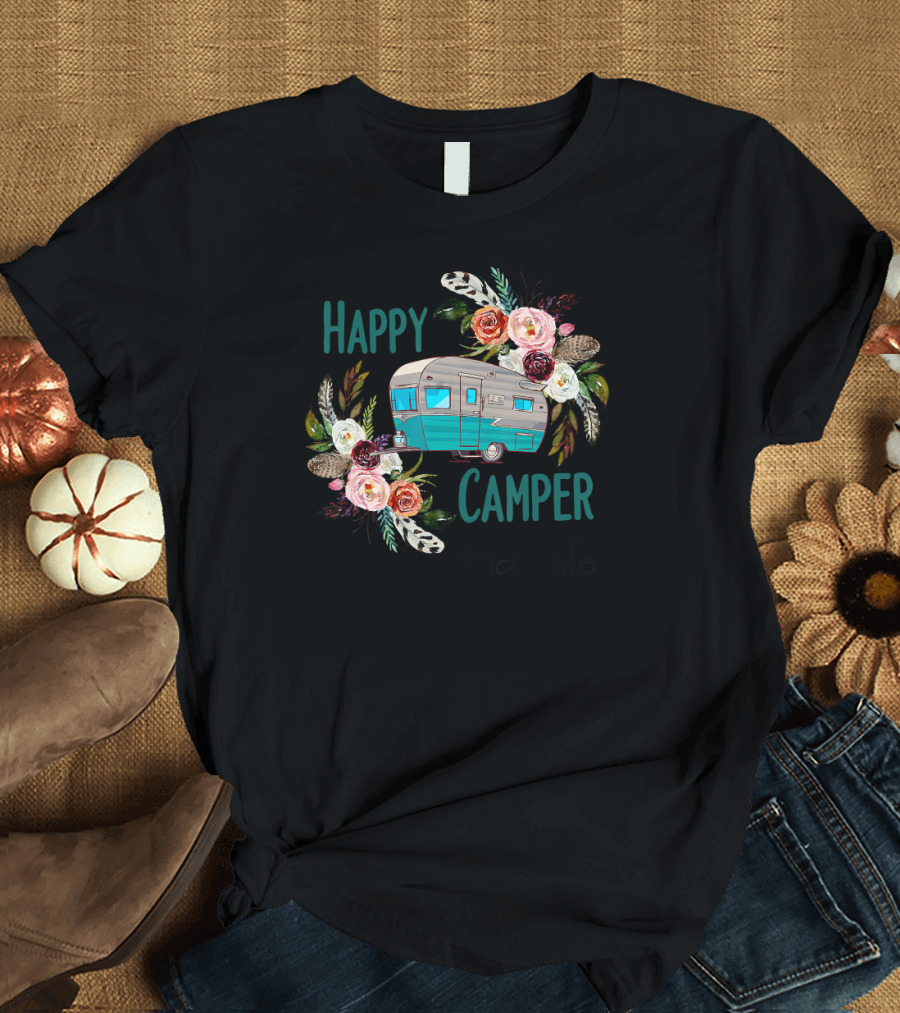 Happy Camper NaNa Life Floral Vintage Trailer T-Shirt