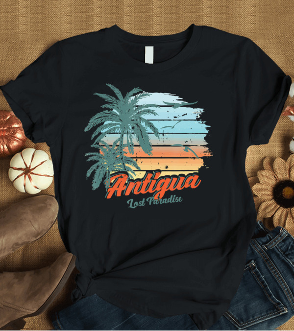 T-Shirt: Antigua Lost Paradise Sunset with Palm Trees and Birds T-Shirt Antigua Lost Paradise Sunset with Palm Trees and Birds T-Shirt