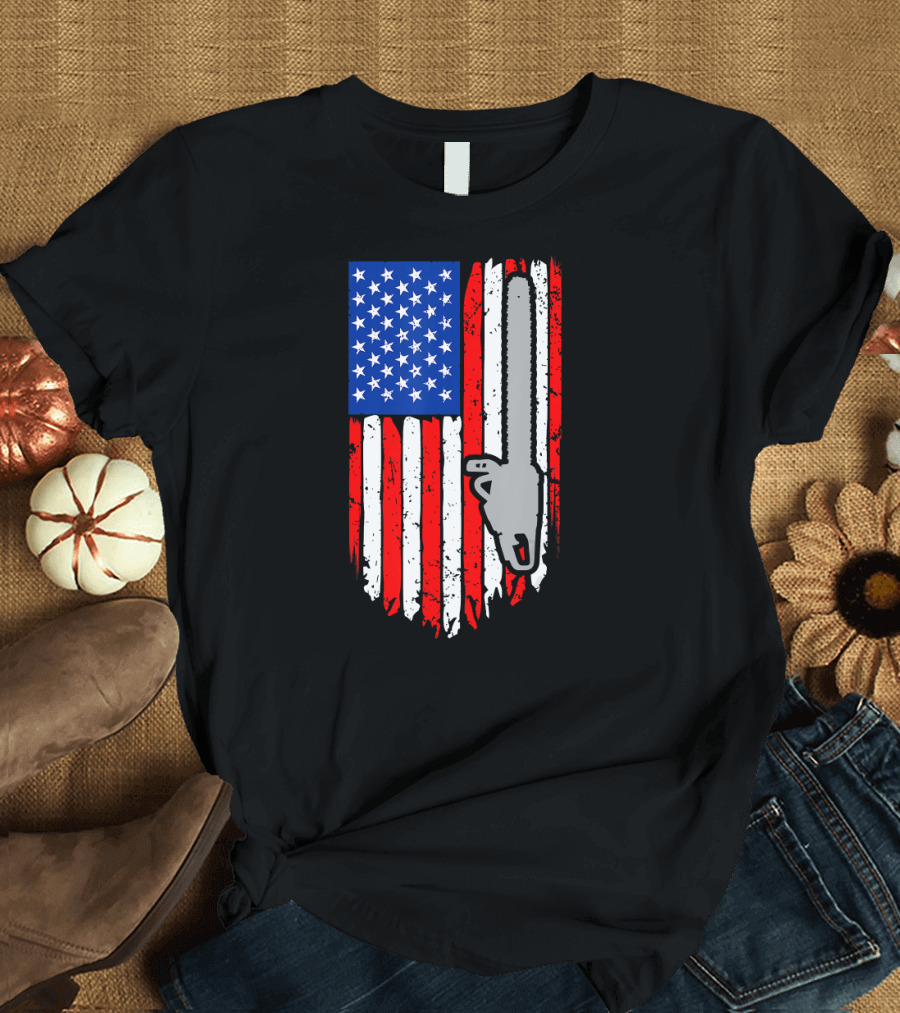 Arborist Dad American Flag Chainsaw USA T-Shirt