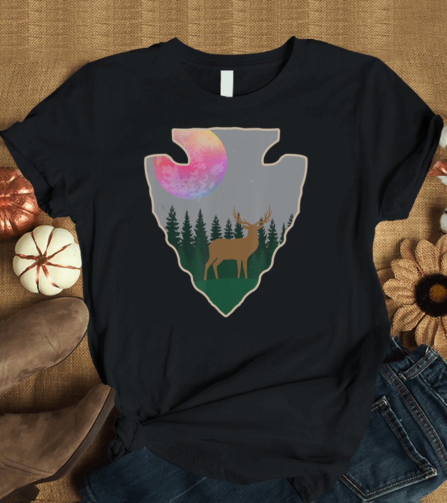 Arrowhead Hunting Colorful Full Moon Deer Forest Scene T-Shirt