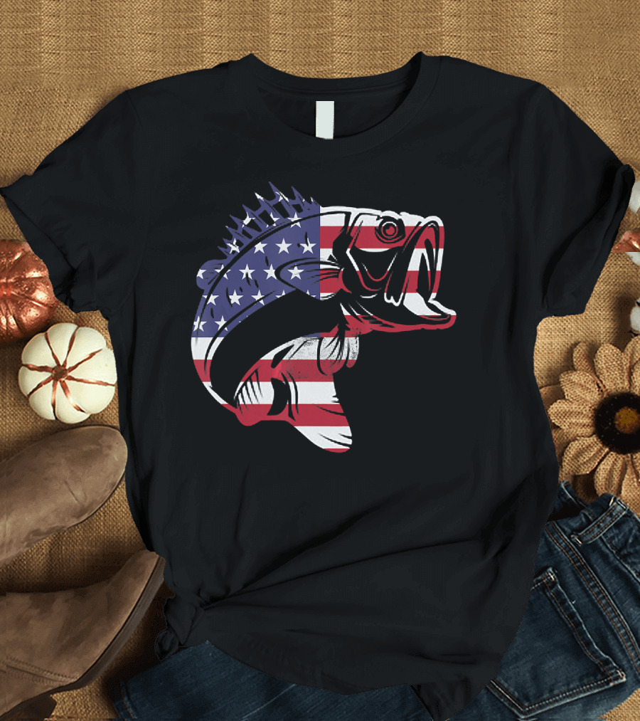 Bass Fisherman USA Flag Fishing T-Shirt