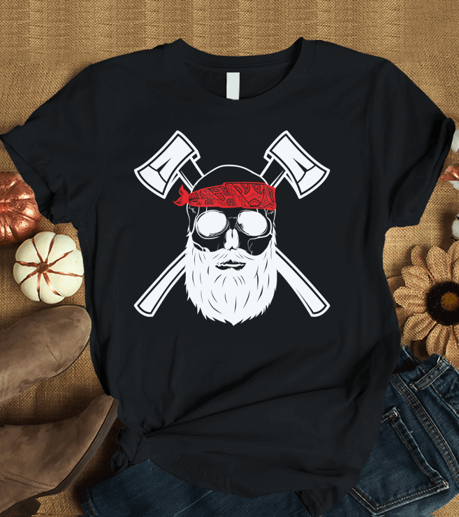 Bearded Skull Lumberjack Red Bandana Crossed Hatchets T-Shirt