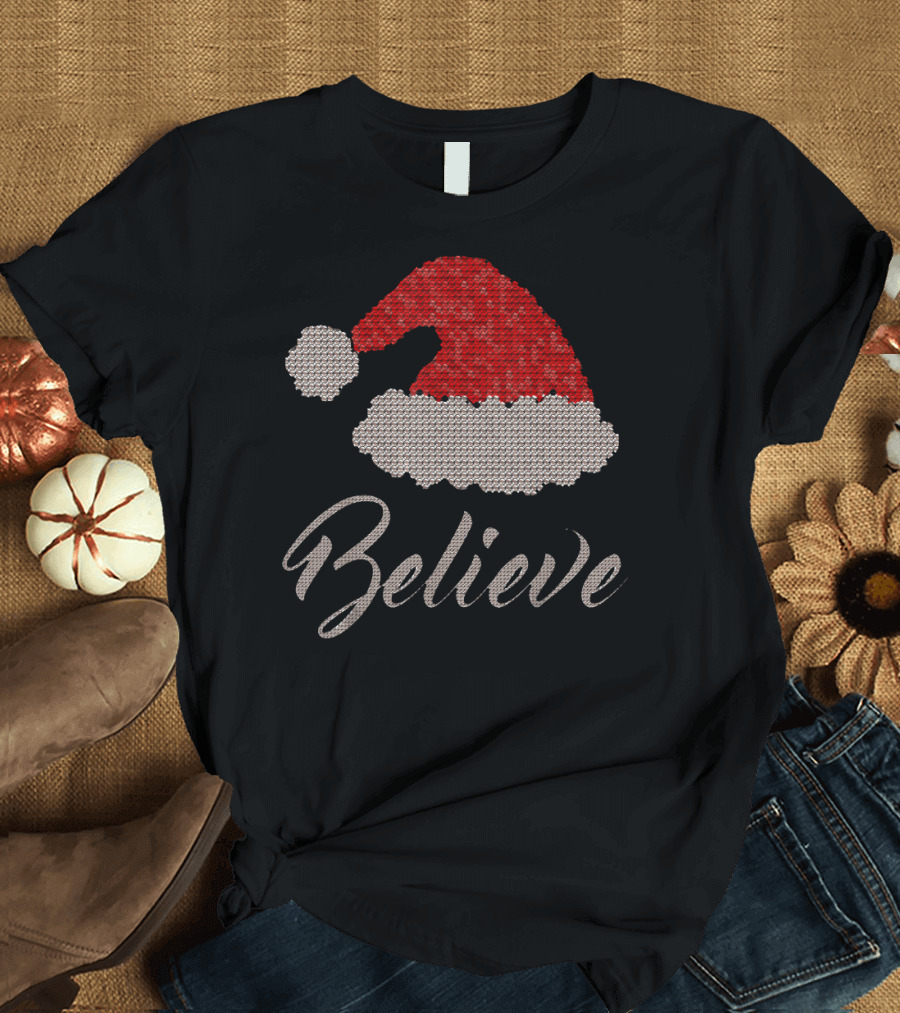 Believe Santa Hat Christmas Holiday Spirit Santa Hat T-Shirt