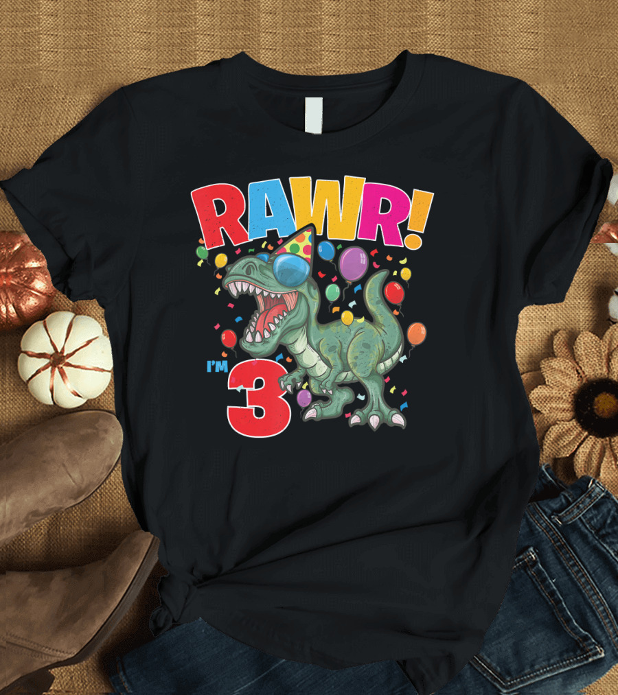 RAWR Dinosaur Birthday I'm 3 Three Year Celebration Balloons Party Hat T-Shirt