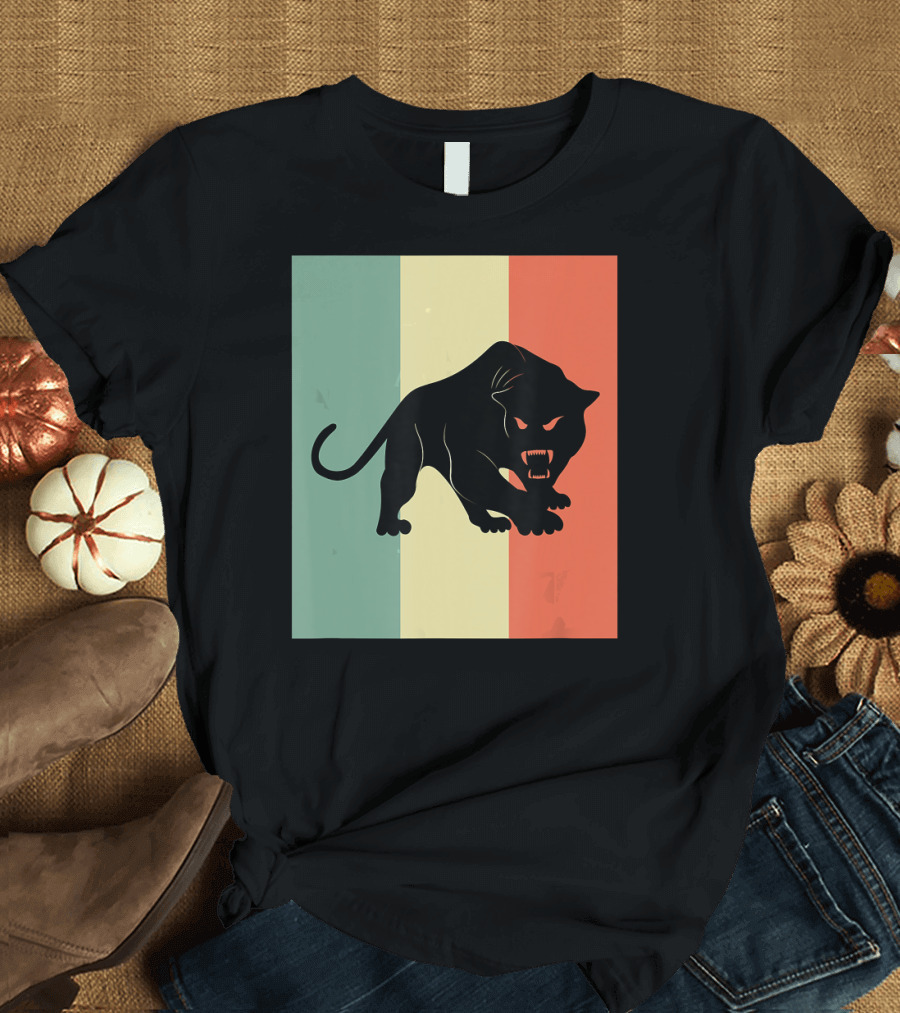 Black Panther Silhouette Retro Vintage Style Stripes T-Shirt