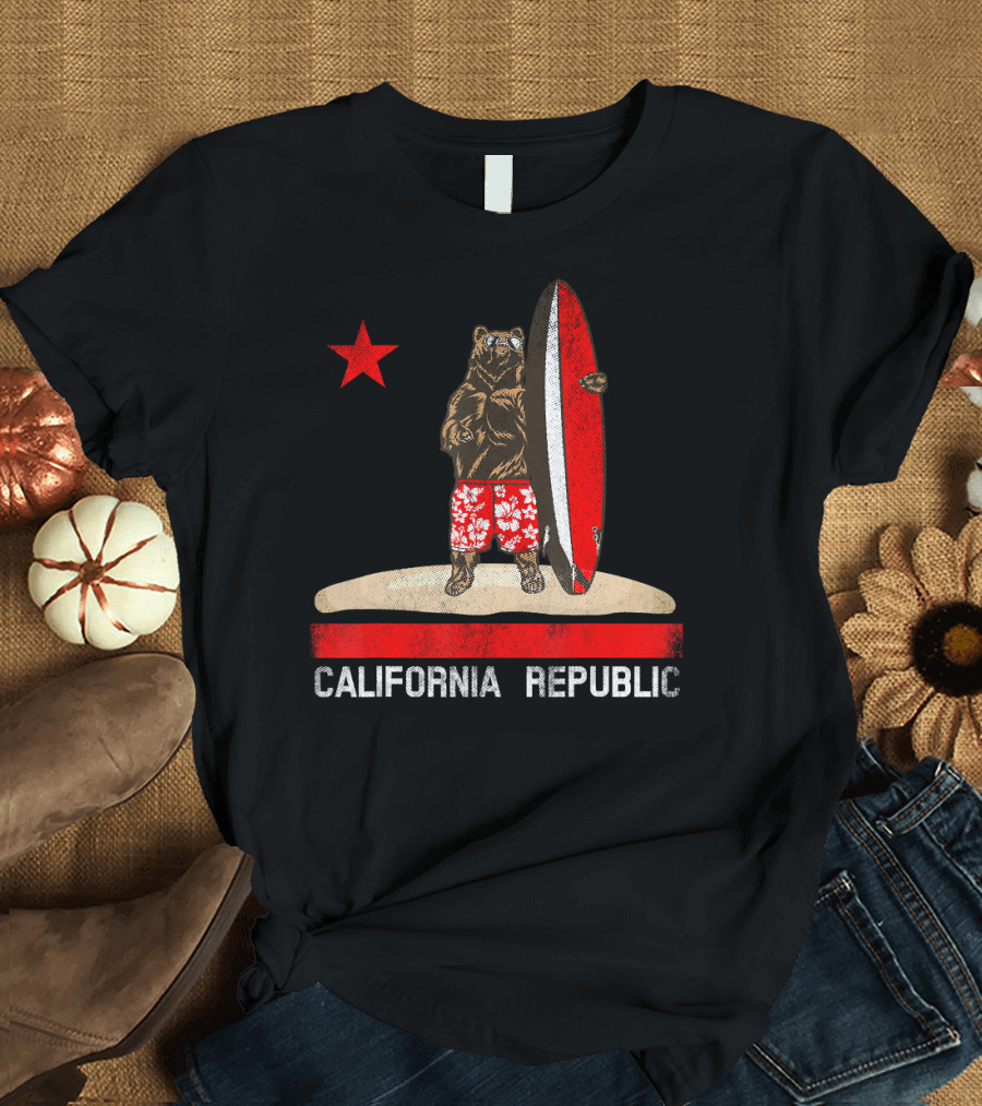 California Republic Bear Surfing Redwood T-Shirt