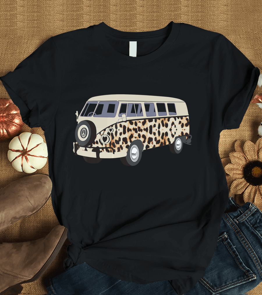 Leopard Print Camper Van with Heart and Peace T-Shirt