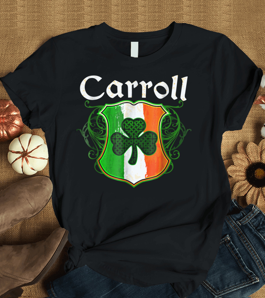 Carroll Surname Irish Flag Crest with Shamrock T-Shirt