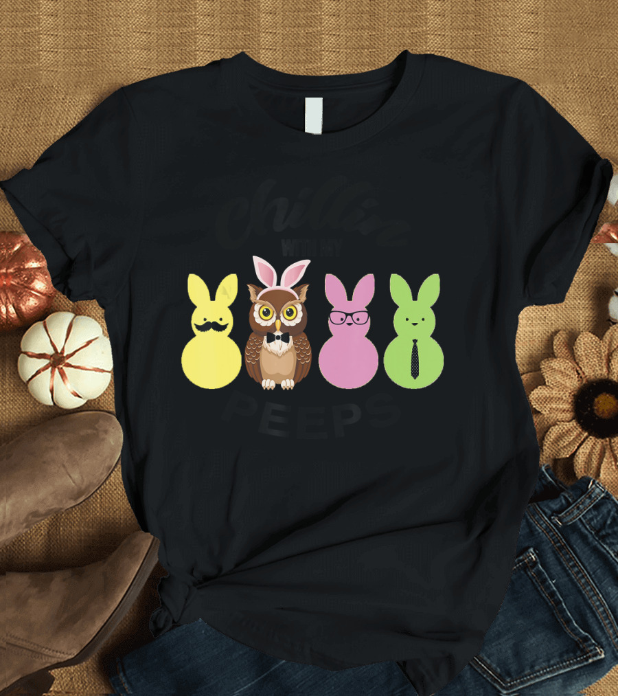 Chillin With My Peeps Easter Bunny Owl with Mustache Glasses Tie T-Shirt