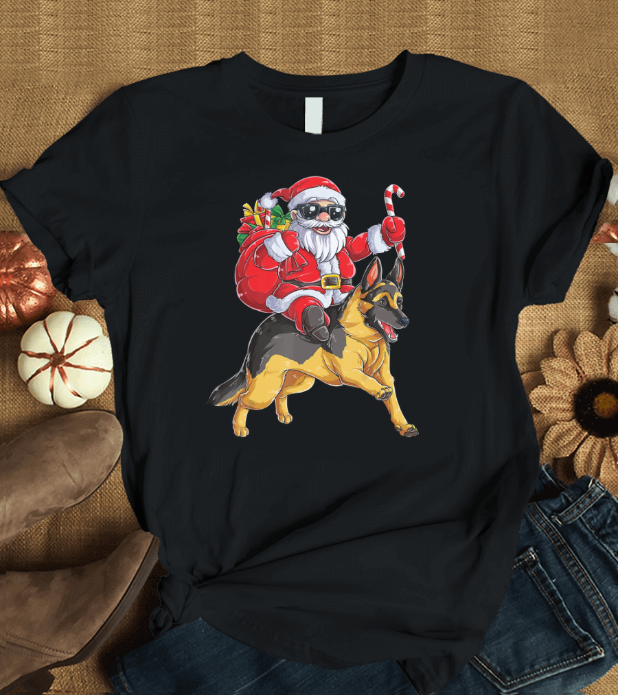 Santa Claus with Sunglasses Riding a German Shepherd Carrying Gifts with Candy Cane T-Shirt