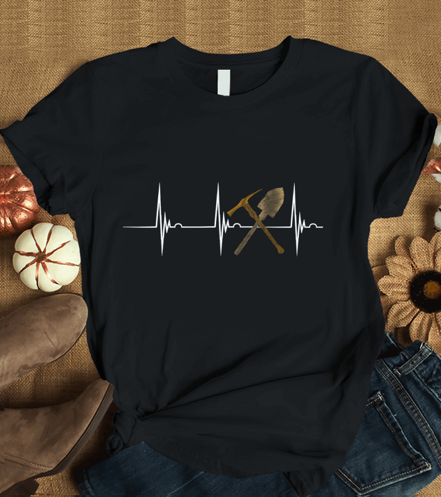 Coal Miner Heartbeat EKG Goldmining Pul with Pickaxe and Shovel T-Shirt