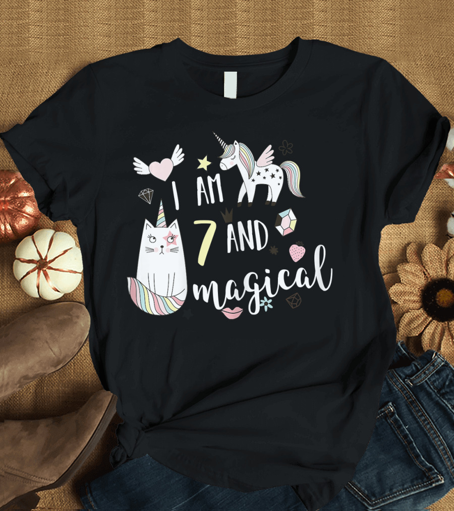 I Am 7 and Magical Caticorn Birthday T-Shirt