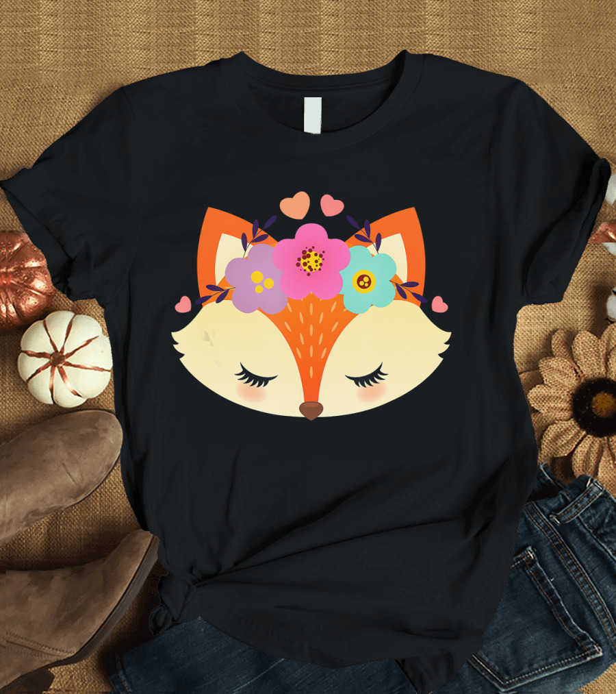 Cute Fox Illustration with Flowers and Hearts for Animal Valentines T-Shirt