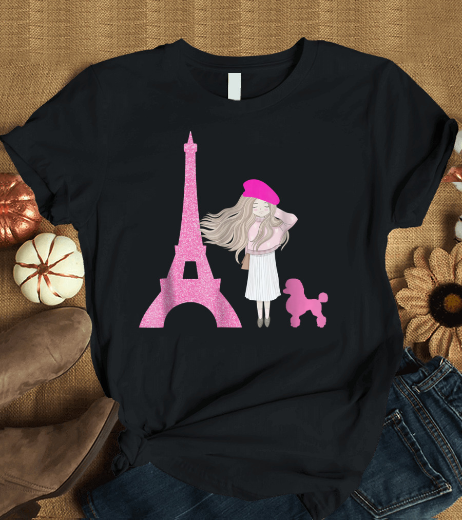 Cute French Eiffel Tower Poodle Paris Girl Pink Beret T-Shirt