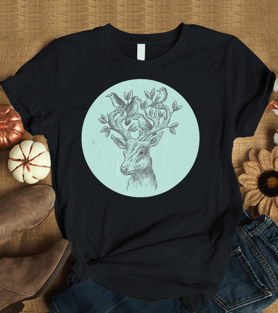 Cute Hand Drawn Deer with Antlers and Birds in Circular Frame T-Shirt