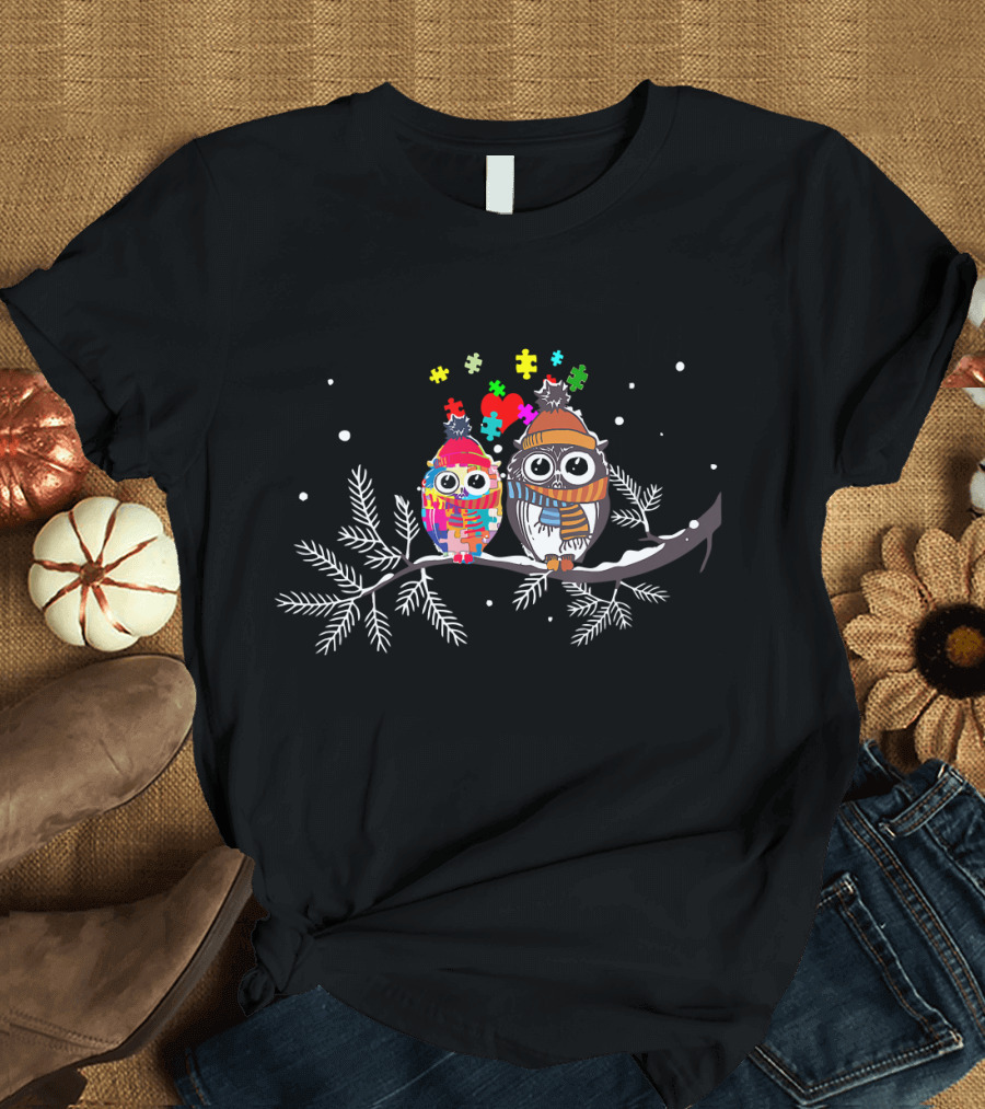 Cute Owl Autism Awareness Snowy Branch Puzzle T-Shirt