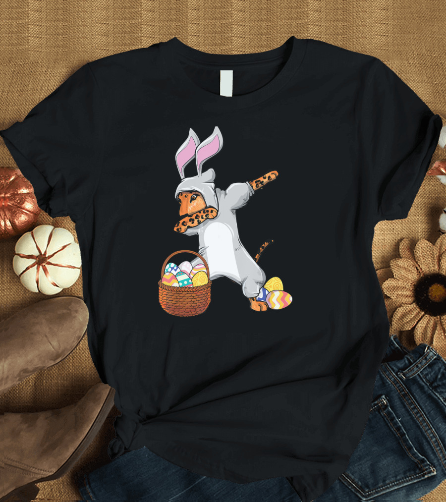 Dabbing Easter Bunny Jaguar Leopard with Easter Eggs Basket T-Shirt