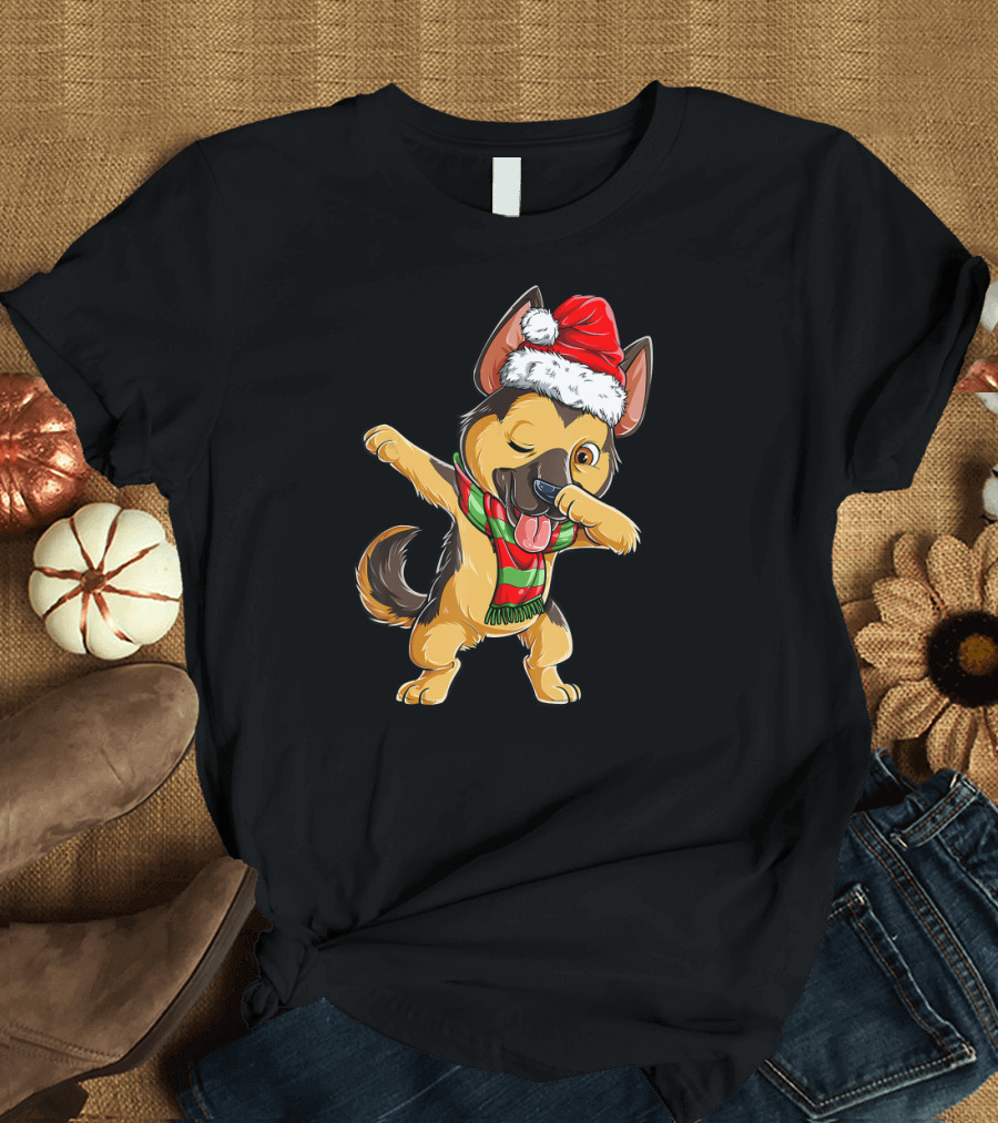 Dabbing German Shepherd Santa with Christmas Scarf and Hat T-Shirt