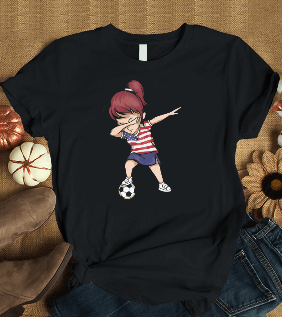 Dabbing Soccer Girl in American Flag Jersey with Soccer Ball T-Shirt