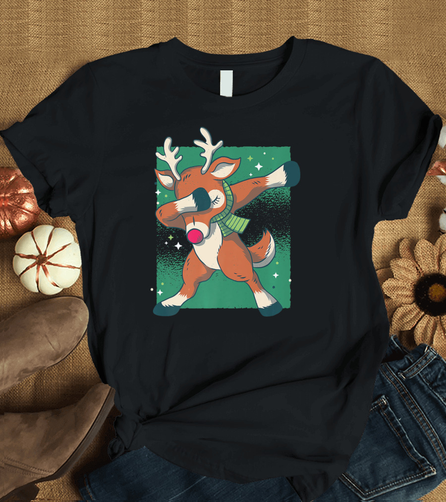 Rudolph Deer Dabbing Dance Green Scarf Holiday T-Shirt