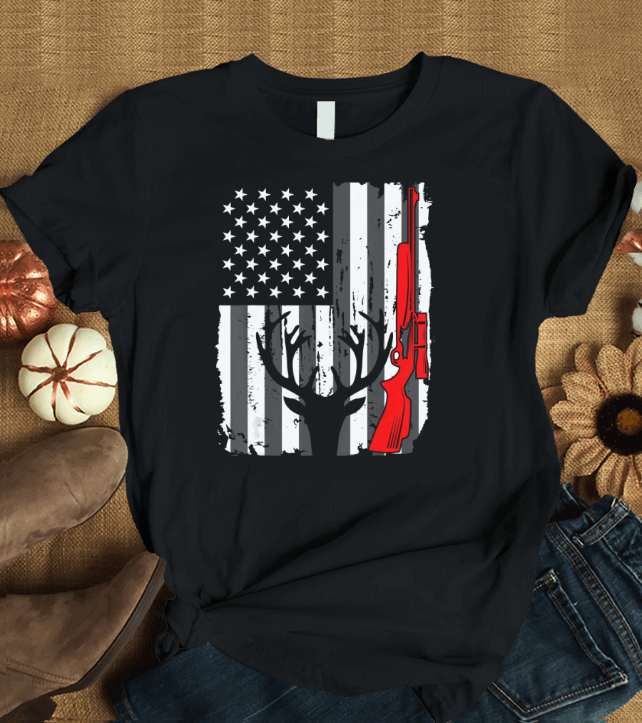 Deer Hunting USA Flag Patriotic 4th of July America Rifle T-Shirt
