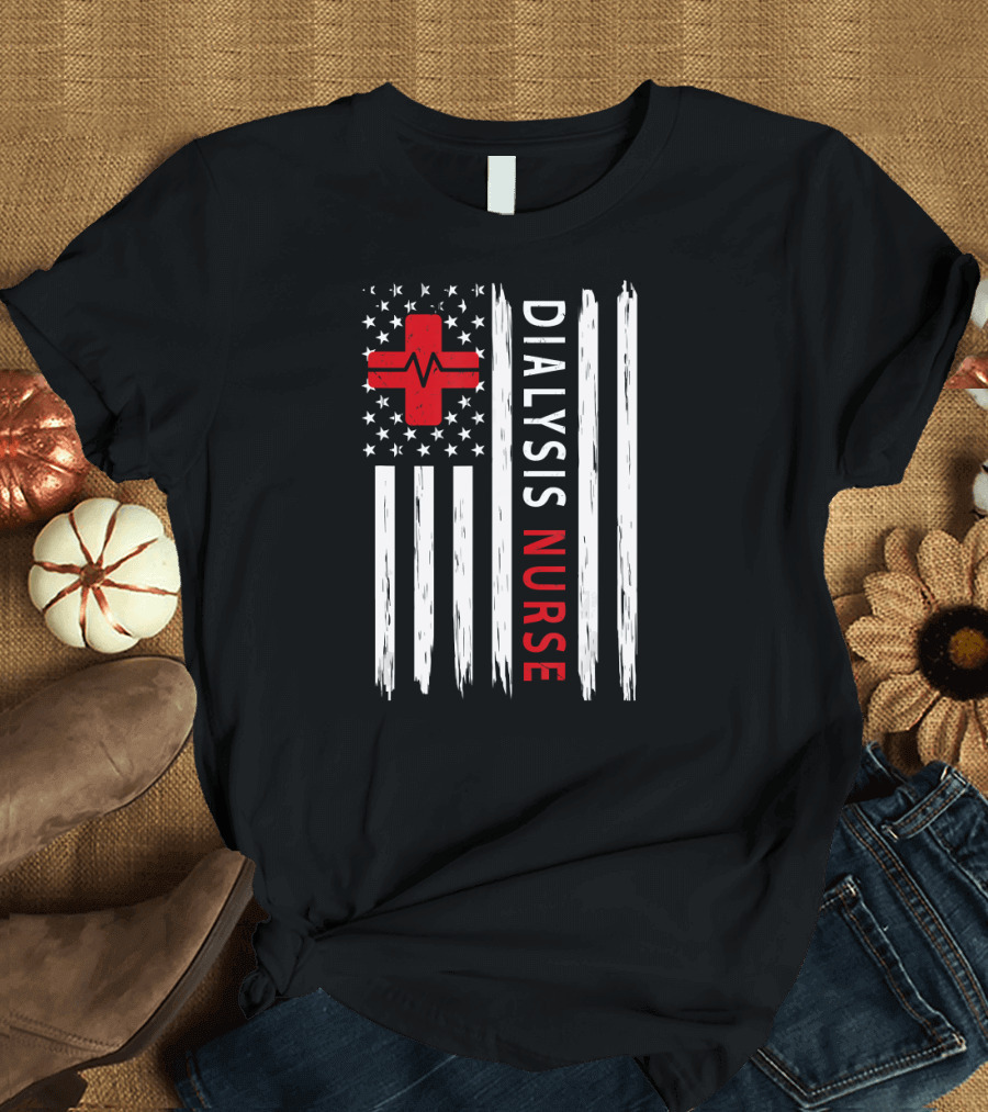 Dialysis Nurse Red Cross Patriotic American Flag T-Shirt
