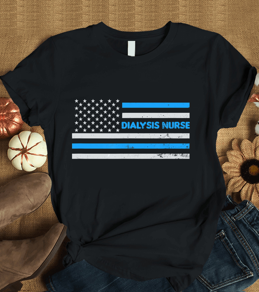 Dialysis Nurse American Flag Blue Line T-Shirt