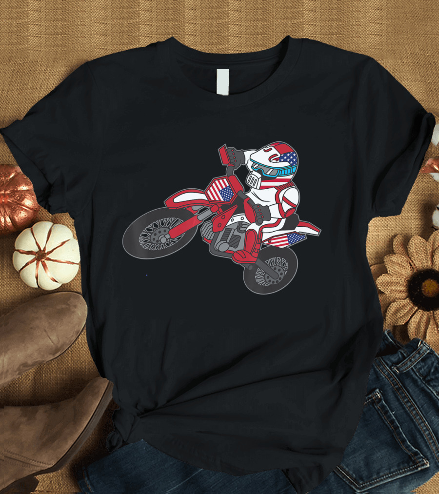 Patriotic Dirt Bike Rider with American Flag Motocross Gear T-Shirt