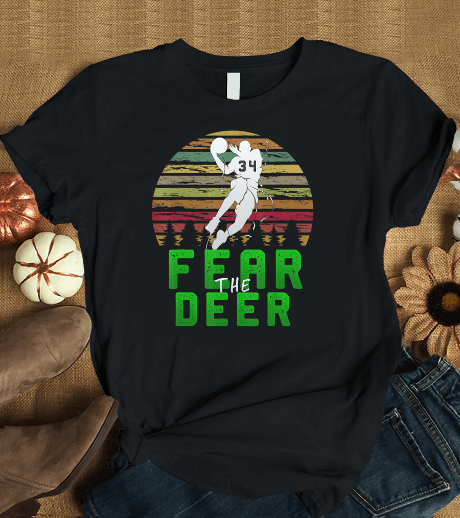 Fear The Deer 34 Milwaukee Basketball Jumper Retro Sunset T-Shirt