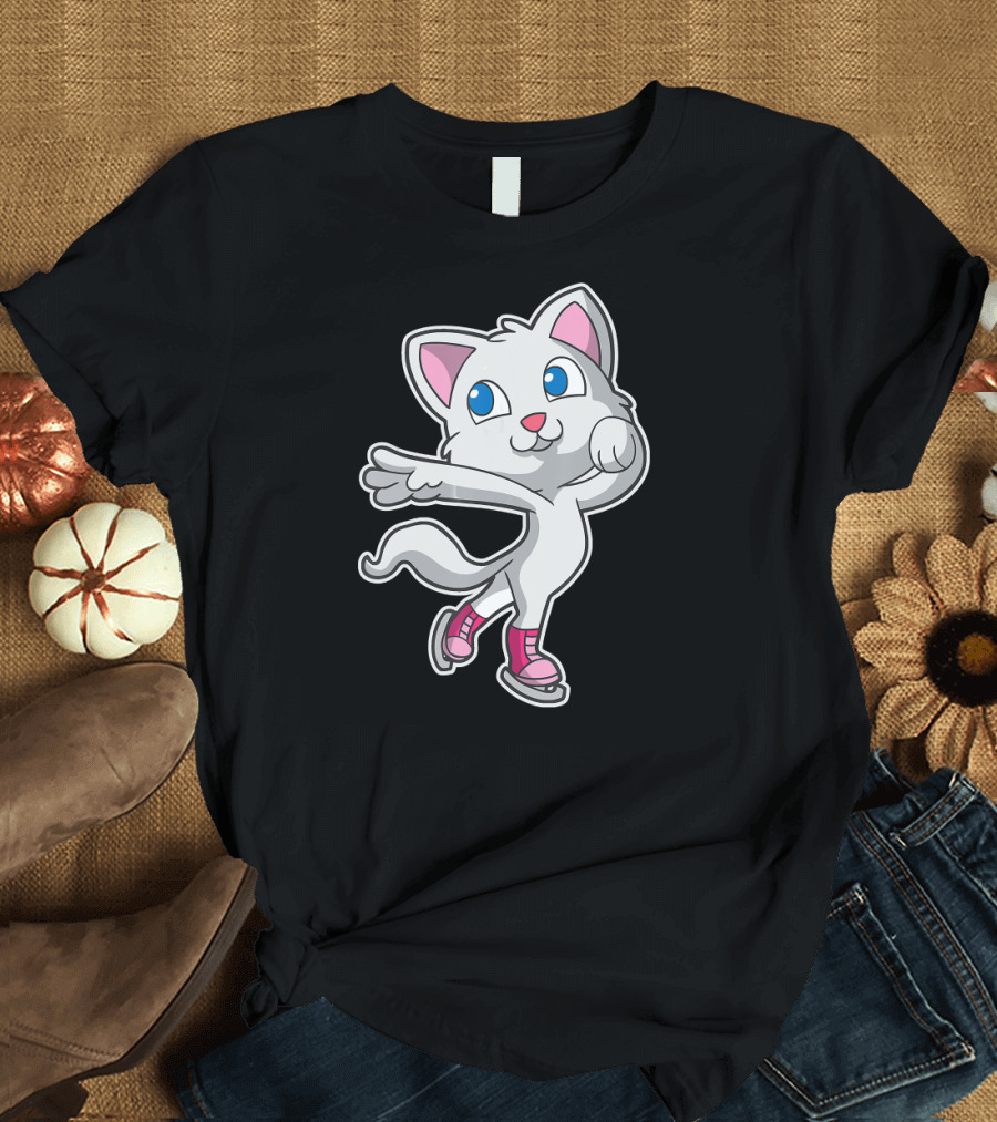 Figure Skating Cat Kitten with Pink Skates T-Shirt