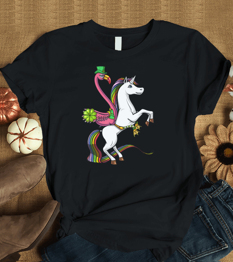 Flamingo in Green Hat Riding Rainbow Unicorn with Four-Leaf Clover T-Shirt
