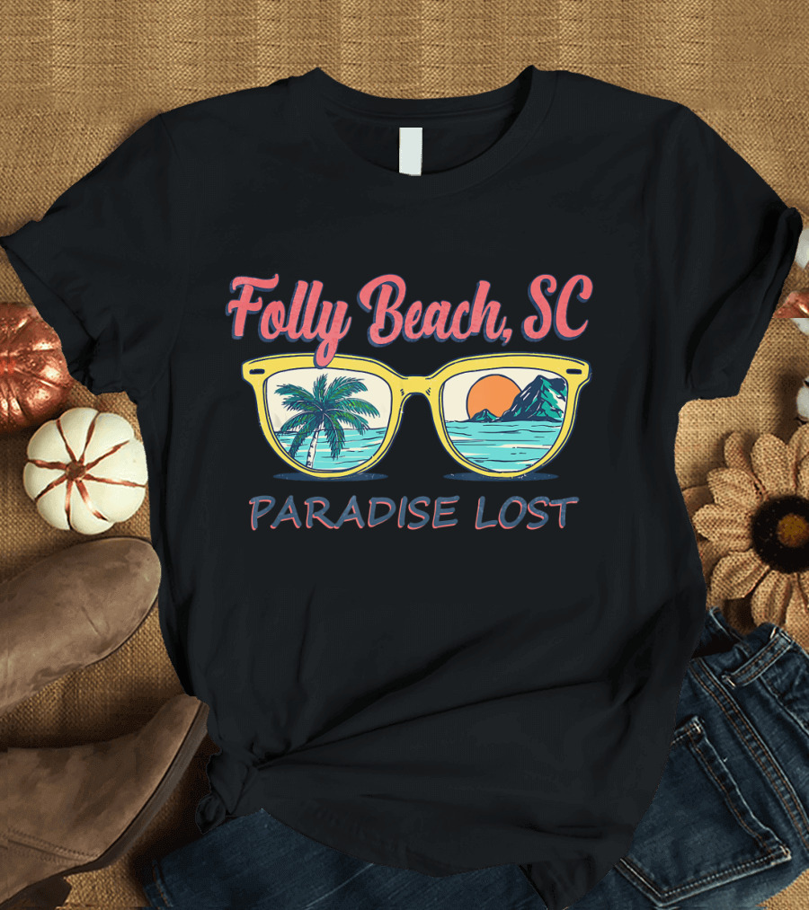 Folly Beach SC Paradise Lost Sunglasses Palm Tree Ocean Sunset T-Shirt