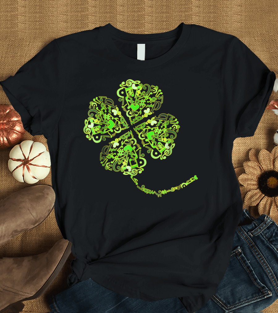 Four Leaf Clover Music Notes Irish St Pat T-Shirt