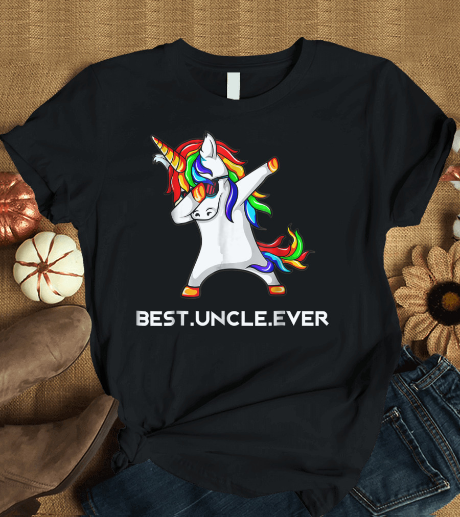 Funny Best Uncle Ever Dabbing Unicorn with Rainbow Mane and Sunglasses T-Shirt