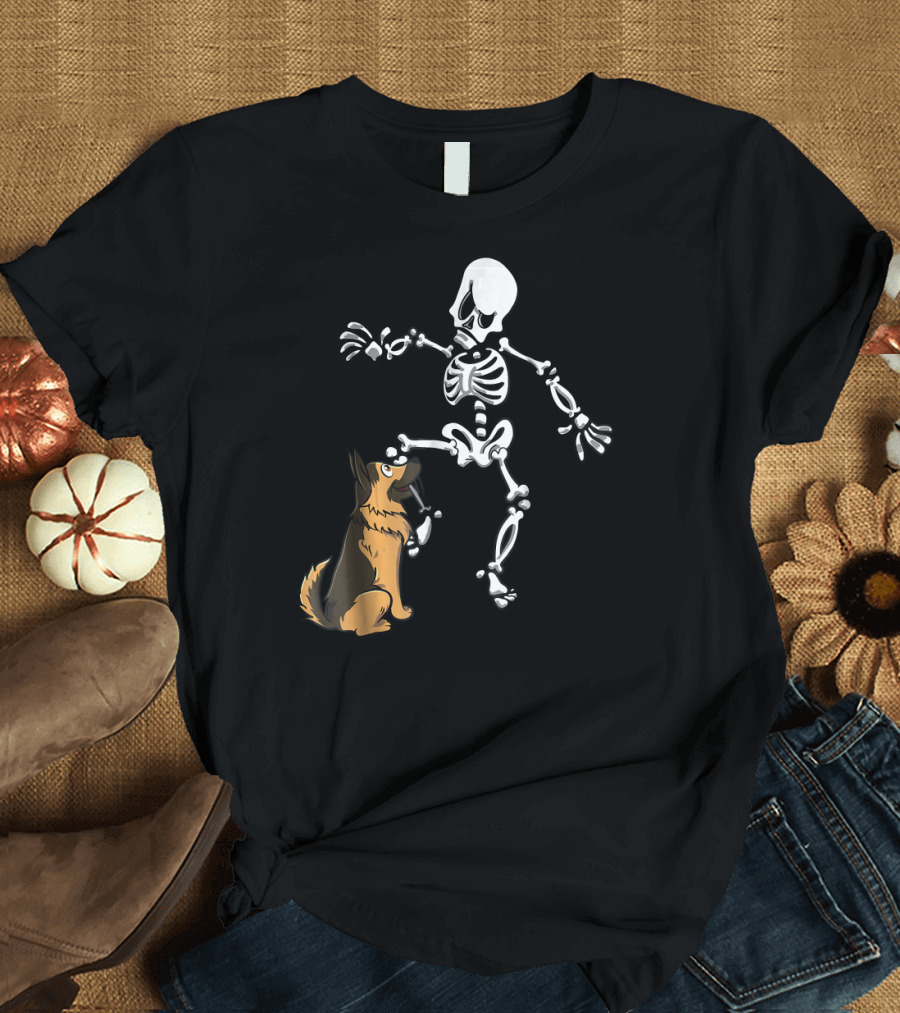 German Shepherd Biting Skeleton Leg Humorous Halloween T-Shirt