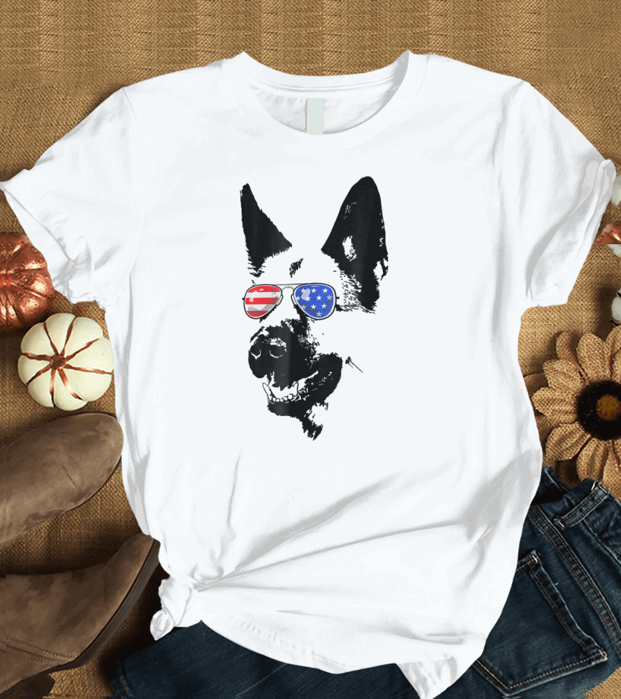 German Shepherd Dog Sunglasses American Flag Glass T-Shirt