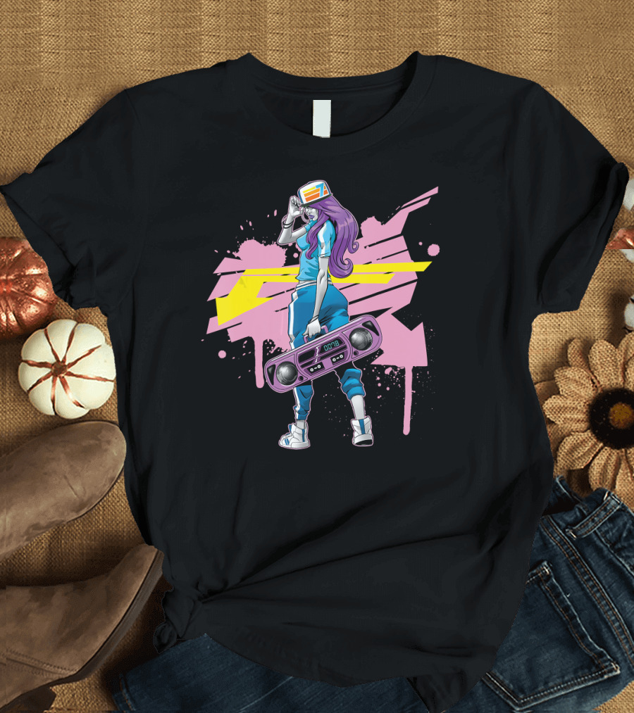 Graffiti Boombox Girl Hip Hop Retro Style with Headphones and Paint Splatter Background T-Shirt