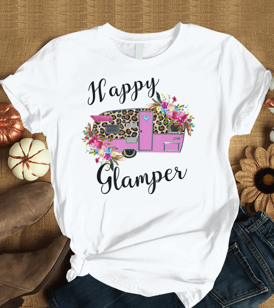 Happy Glamper Leopard Print Camper with Floral Accents T-Shirt