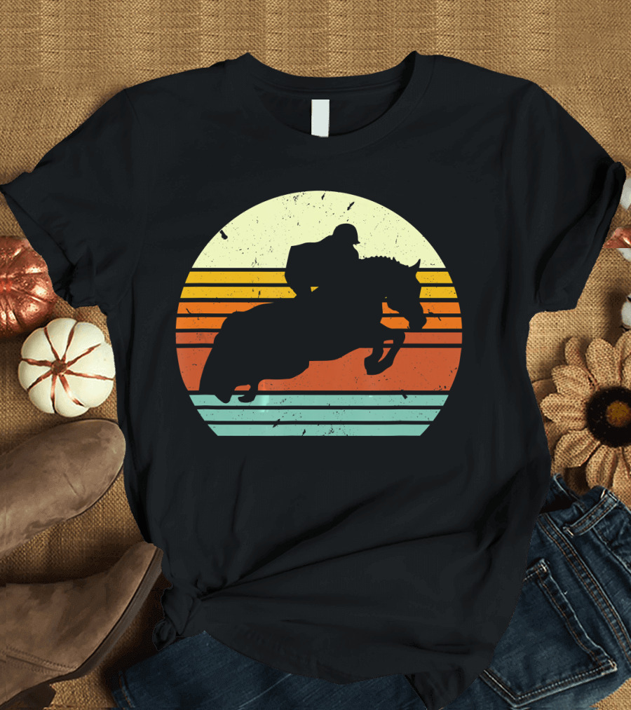 Horse Show Jumping Vintage Equestrian Silhouette Retro Sunset Stripes T-Shirt