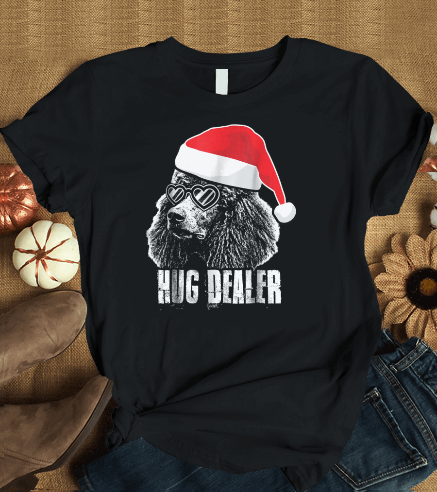 Hug Dealer Poodle Santa Hat Heart Sunglasses T-Shirt