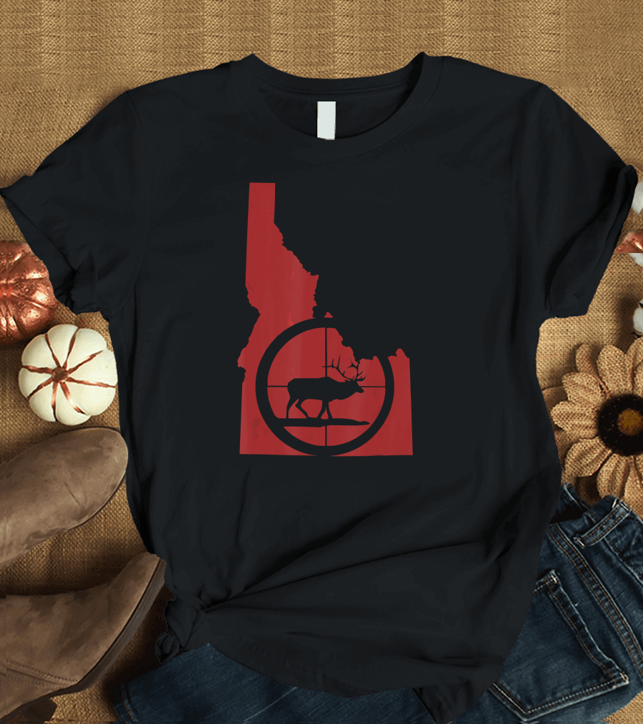Idaho Elk Hunting Silhouette in Red State Outline T-Shirt