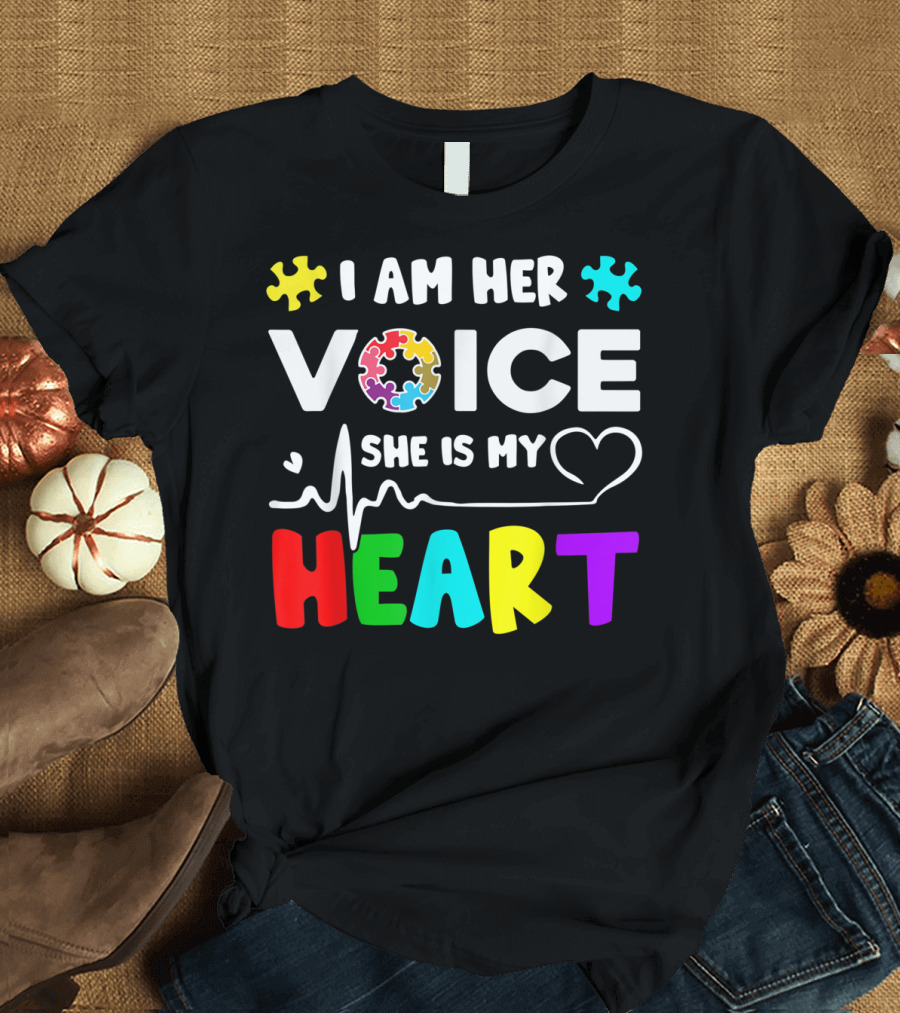 I Am Her Voice She Is My Heart Autism Awareness Puzzle Pieces T-Shirt