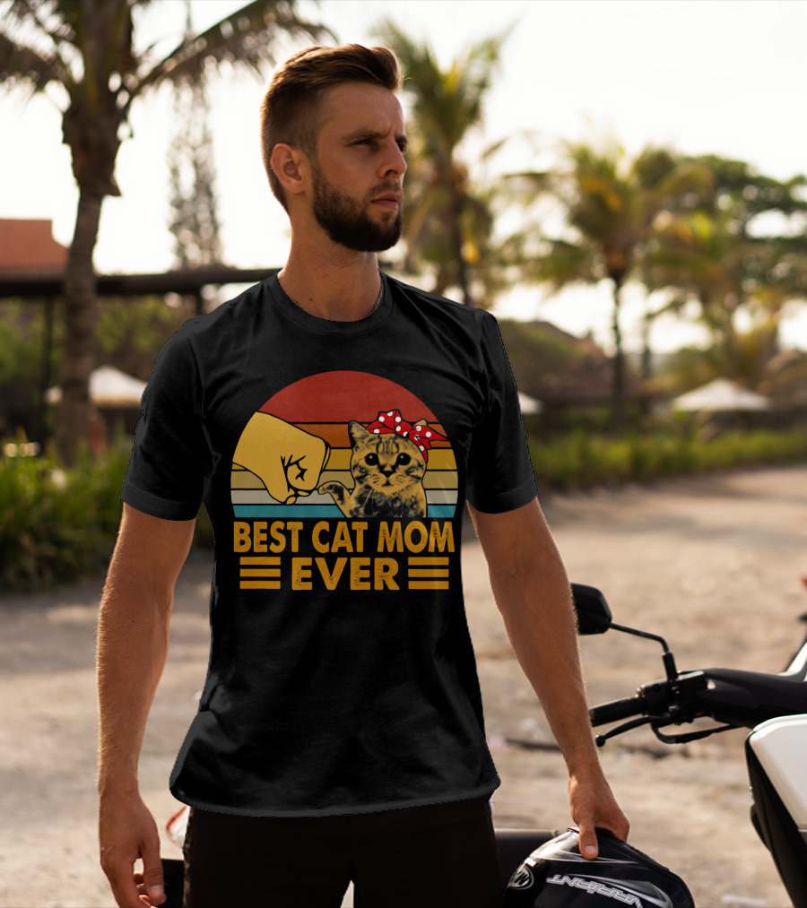 Best Cat Mom Ever Vintage Fist Bump With Cat Bow Stripes T-Shirt